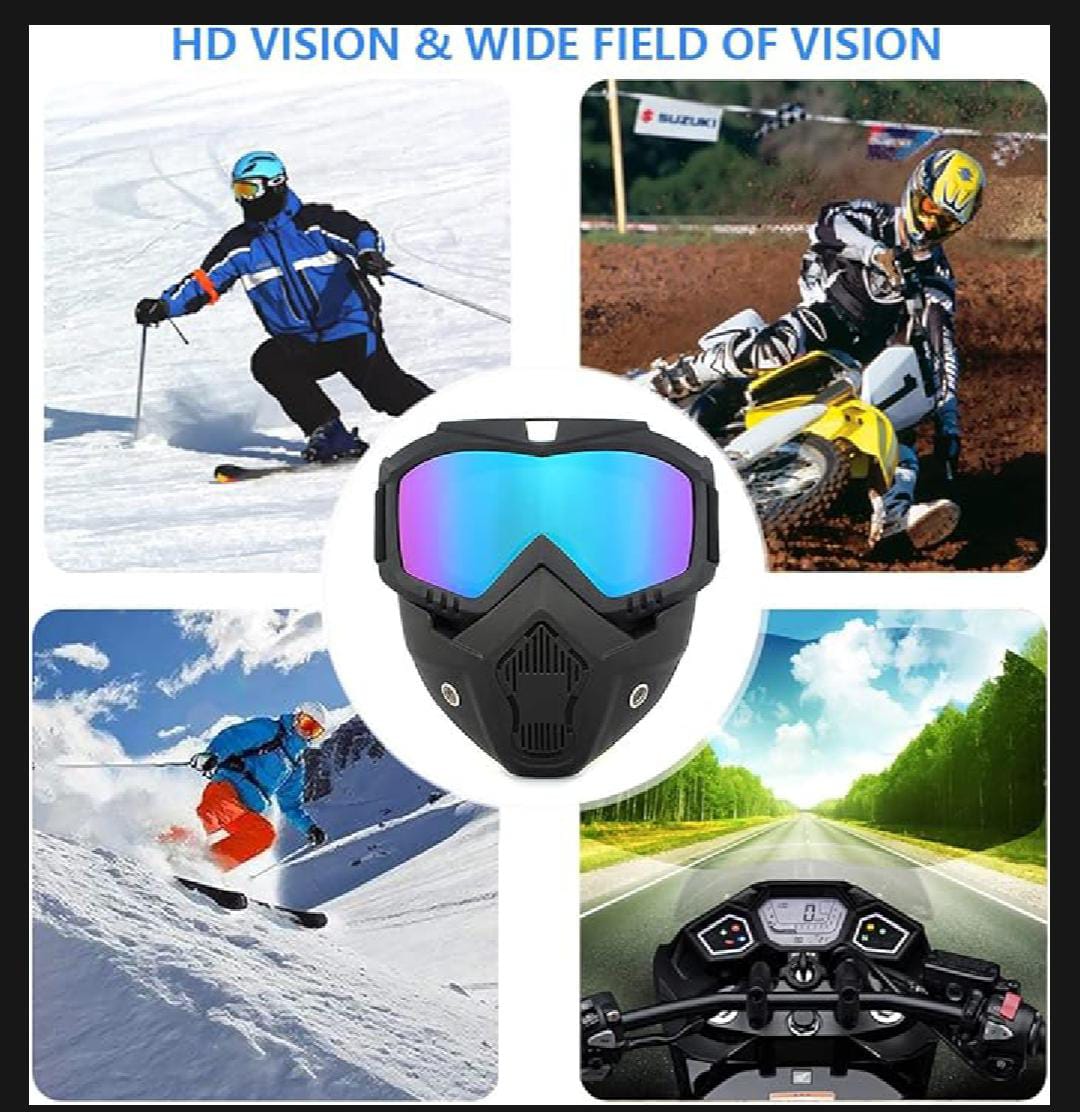 Clear Detachable Anti-Fog Riding Essential Motorcycle Helmet Riding Goggles Glasses With Removable Face Mask,Detachable Fog-proof Warm Goggles Mouth Filter Adjustable Non-slip Strap Vintage Bullet Fight Motocross