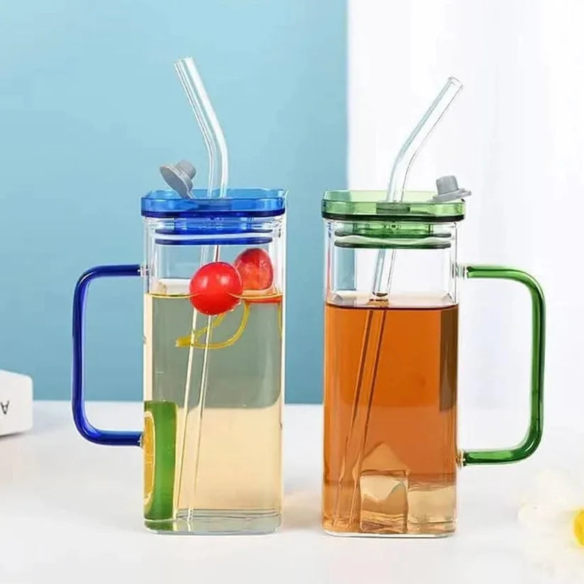 Transparent Square Tumbler Drinking Glass with Glass Straw and Colourful Handle | 2pcs Set